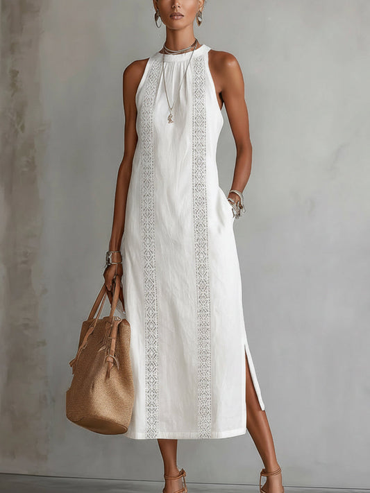 White Sleeveless Linen Midi Dress With Lace Insets And Side Slit