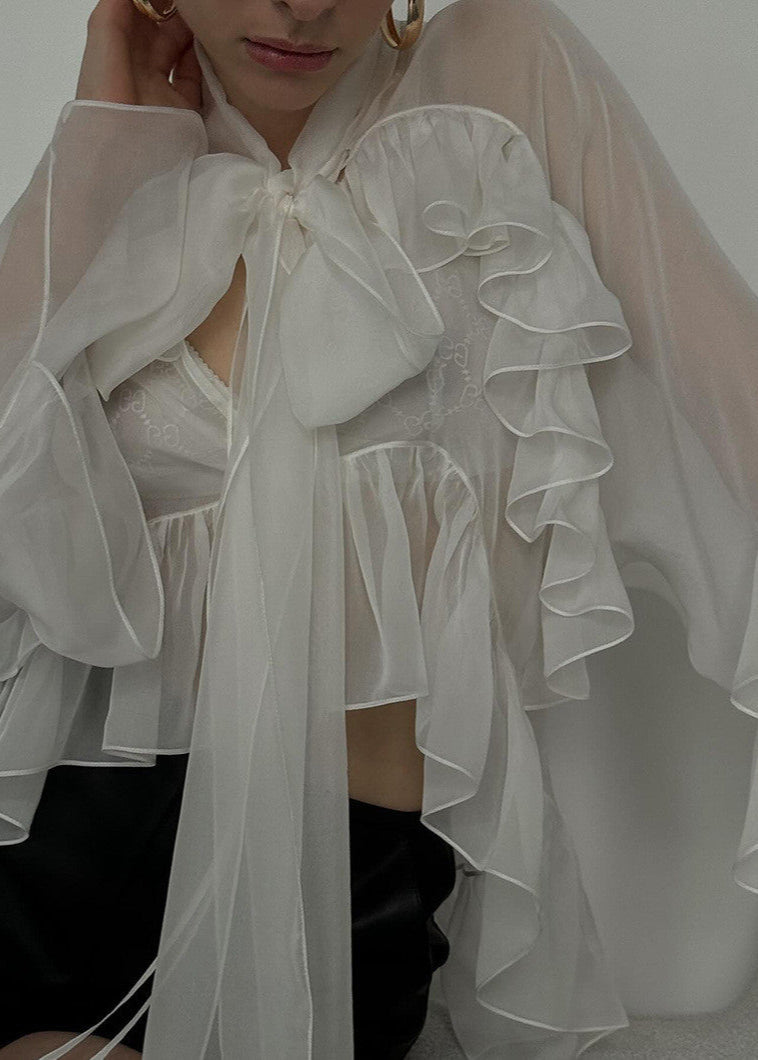 Sierra - Sheer Ruffle Tie-Front Blouse