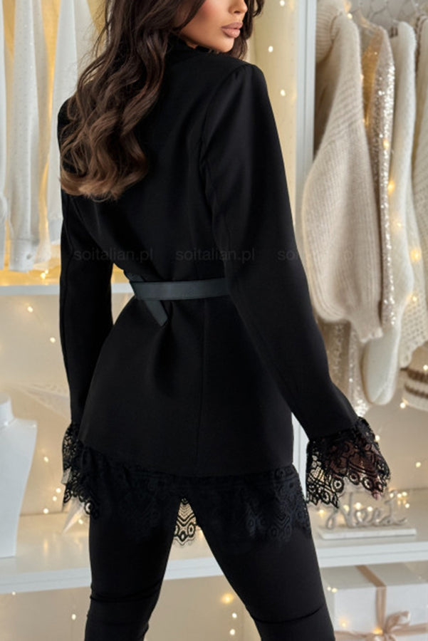 Spiced Muse Lace Trim Button Up Long Sleeve Lapel Blazer