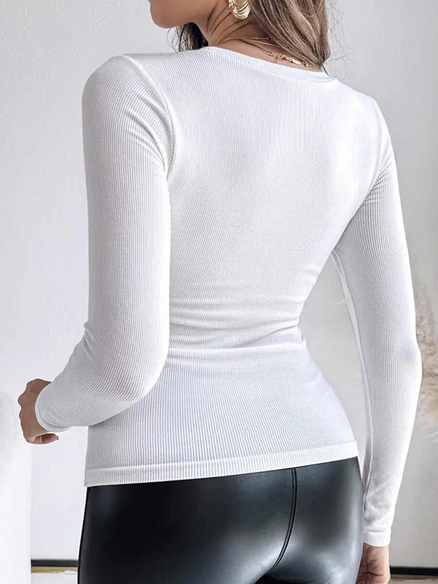 Casual White Solid Ribbed U Neck Long Sleeve T-Shirt
