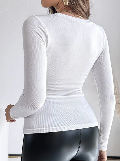 Casual White Solid Ribbed U Neck Long Sleeve T-Shirt