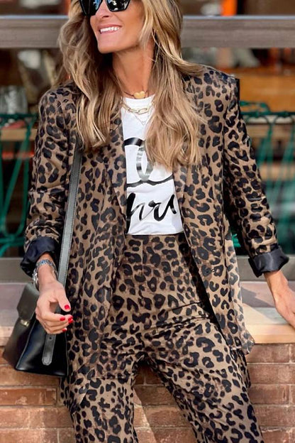 Wild Personality Leopard Pocket Relaxed Lapel Blazer and Elastic Waist Pants Set