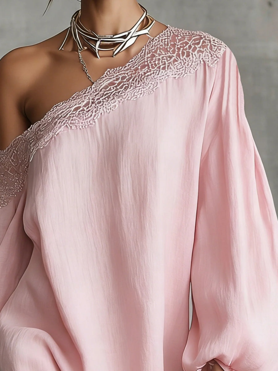 sheenchic Vacation Pink Oblique Collar Lantern Sleeve Long Sleeve Contrast Boho Mini Dresses [Pre-Order]