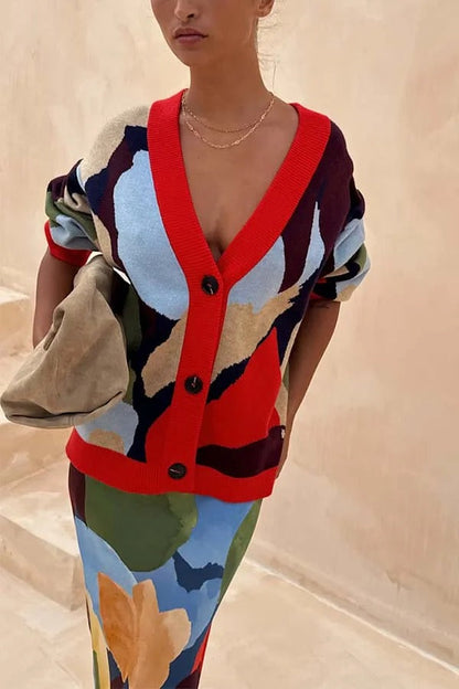Cárdigan holgado de manga larga con botones y bloques de colores abstractos de punto brillante y atrevido 