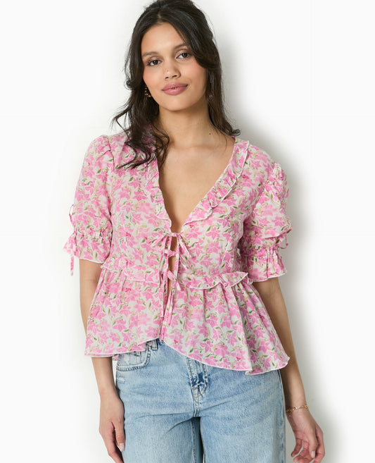 Aurora Floral Blouse | Ruffled V-Neck | Puff Sleeves