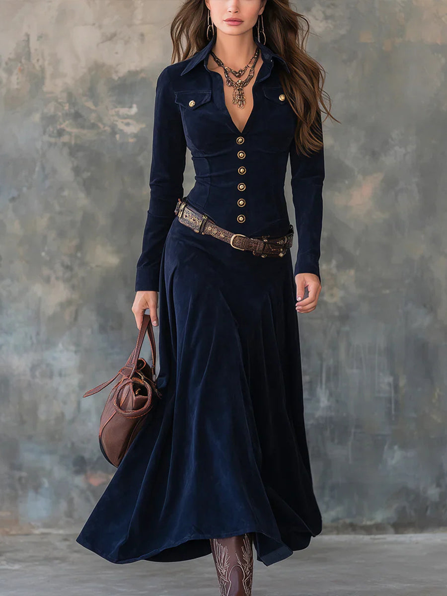 Business Casual Navy Blue Long Sleeve Button Elegant Maxi Dresses
