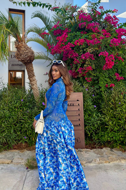 Sapphire Bloom Mesh Maxi Dress