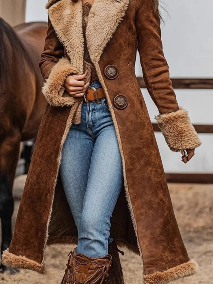 Daily Brown Turndown Collar Long Sleeve Button Western Contrast Faux Fur Chamois Coat