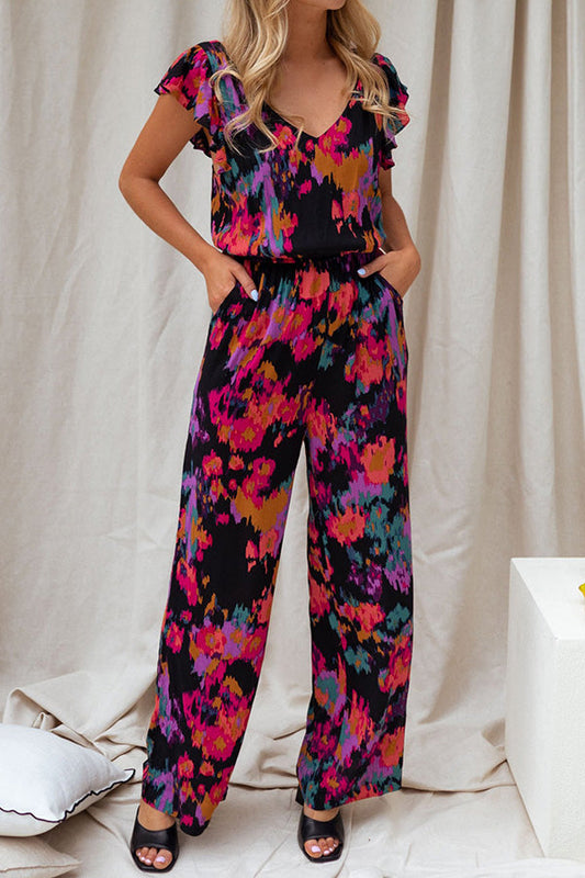 Nicola Watercolor Splash Ink Printed Elastic Waist Pocketed Jumpsuit