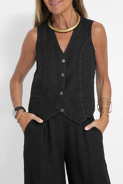 Conjunto de chaleco con botones y pantalones anchos con bolsillos y cintura elástica en mezcla de lino Eddie 