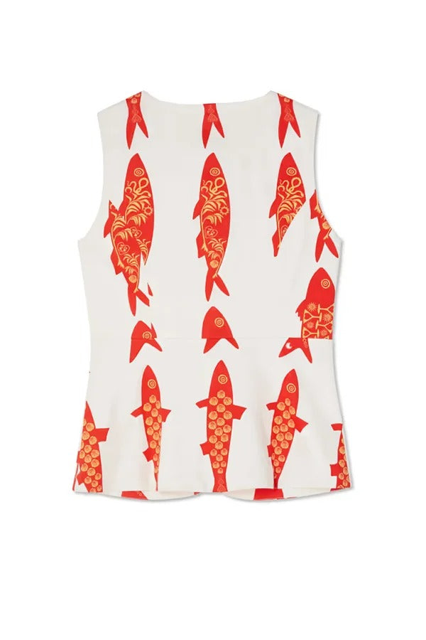 Chaleco de lino con botones metálicos y estampado de koi de buena suerte