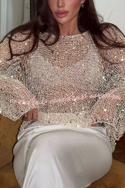 Fashion Sequined Hollow Long Sleeve Loose Knit Top