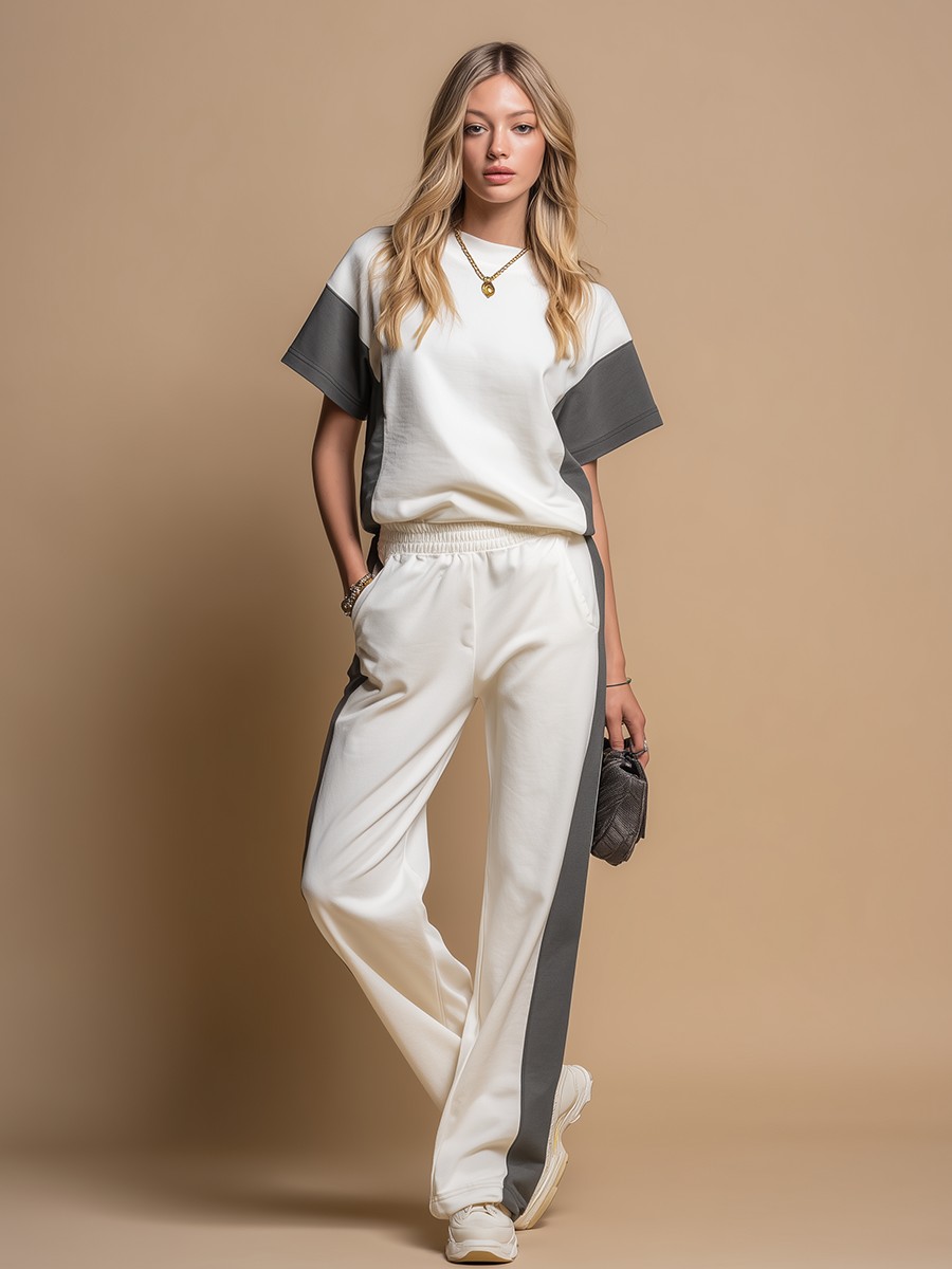 Stylish Round-neck Short-sleeved T-shirt And Wide-leg Pants Set