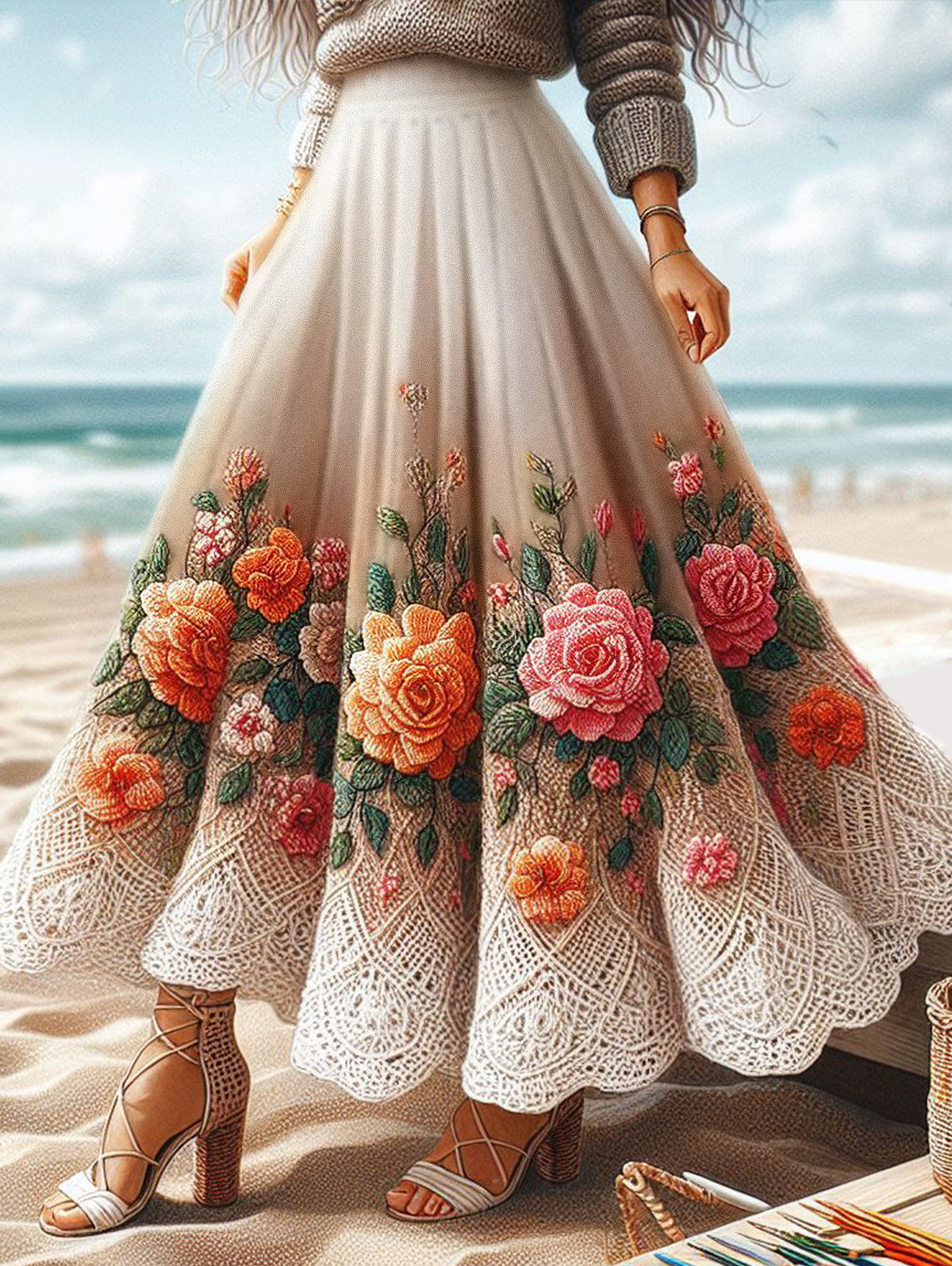 sheenchic Lace Floral Print Pleated Maxi Skirt