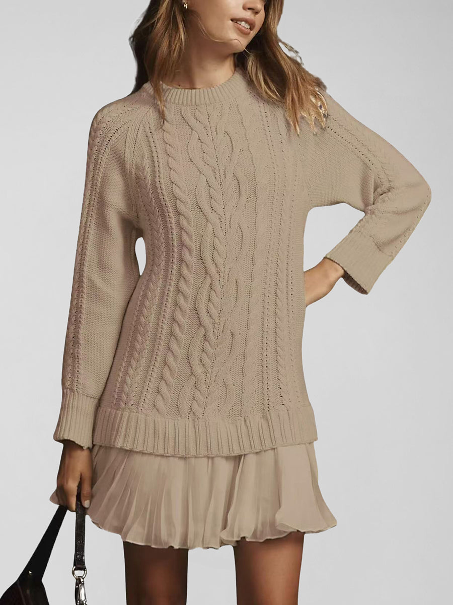 Daily Chiffon Beige Round Neck Long Sleeve Contrast Casual Knitted Mini Dresses