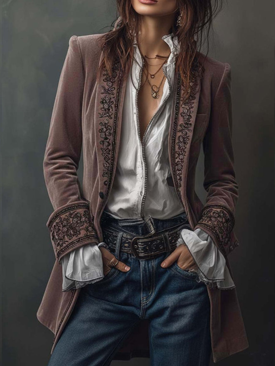 Business Casual Navy Blue Long Sleeve Embroidery Western Pocket Velvet Jacket