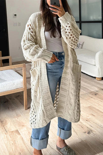 Knit Cable Cotout Long Sleeve Pocket Oversized Midi Cardigan