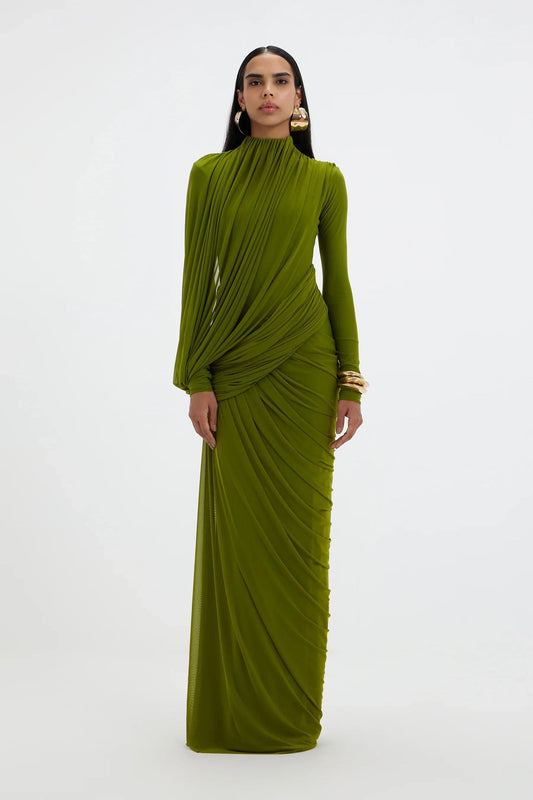 Sculptural Matcha Draped Maxi Dress