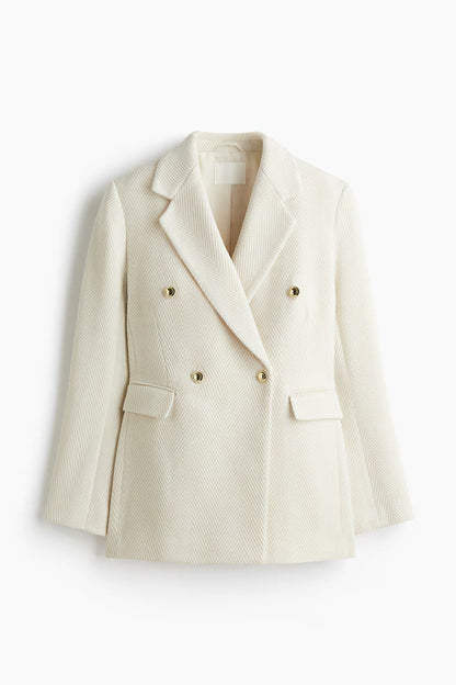 Long Wool Blend Coat | Chevron Weave | Double Breasted Gold Buttons