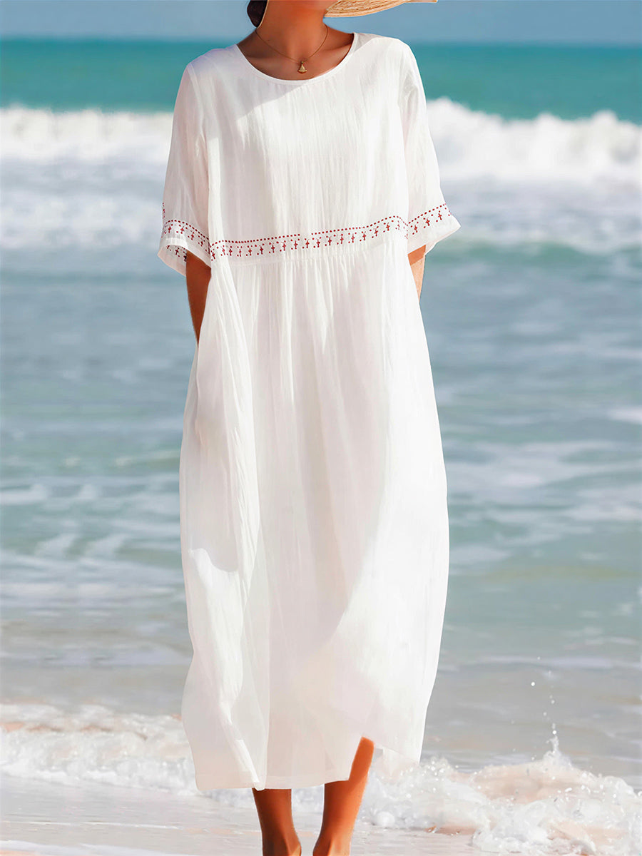 sheenchic Vacation White Round Neck Half Sleeve Pocket Casual Linen Maxi Dresses [Pre-Order]