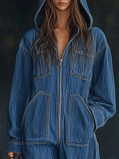 sheenchic Daily Blue Hooded Long Sleeve Pocket Vintage Zipper Denim Jumpsuits
