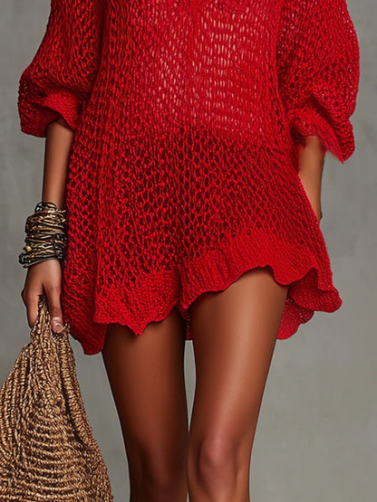 sheenchic Beach Red V Neck 3/4 Sleeve Cut Out Casual Mini Dresses [Pre-Order]