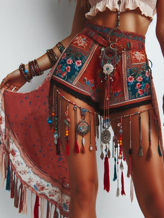 Boho Floral Pattern High Waist Raw Trim Shorts