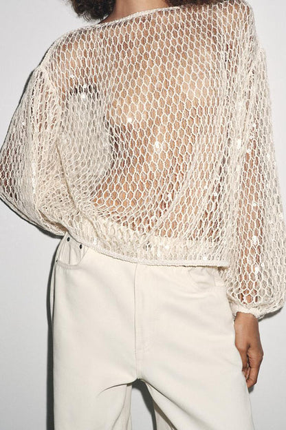 Maja Knit Sequin Hollow Out Wide Neck Balloon Sleeve Loose Cover-up Top