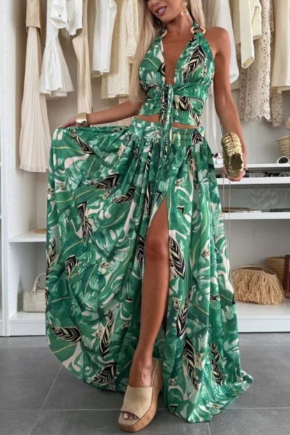 Amazon Scenery Unique Print Tie-up Cutout Waist Ring Halter Slit Maxi Dress