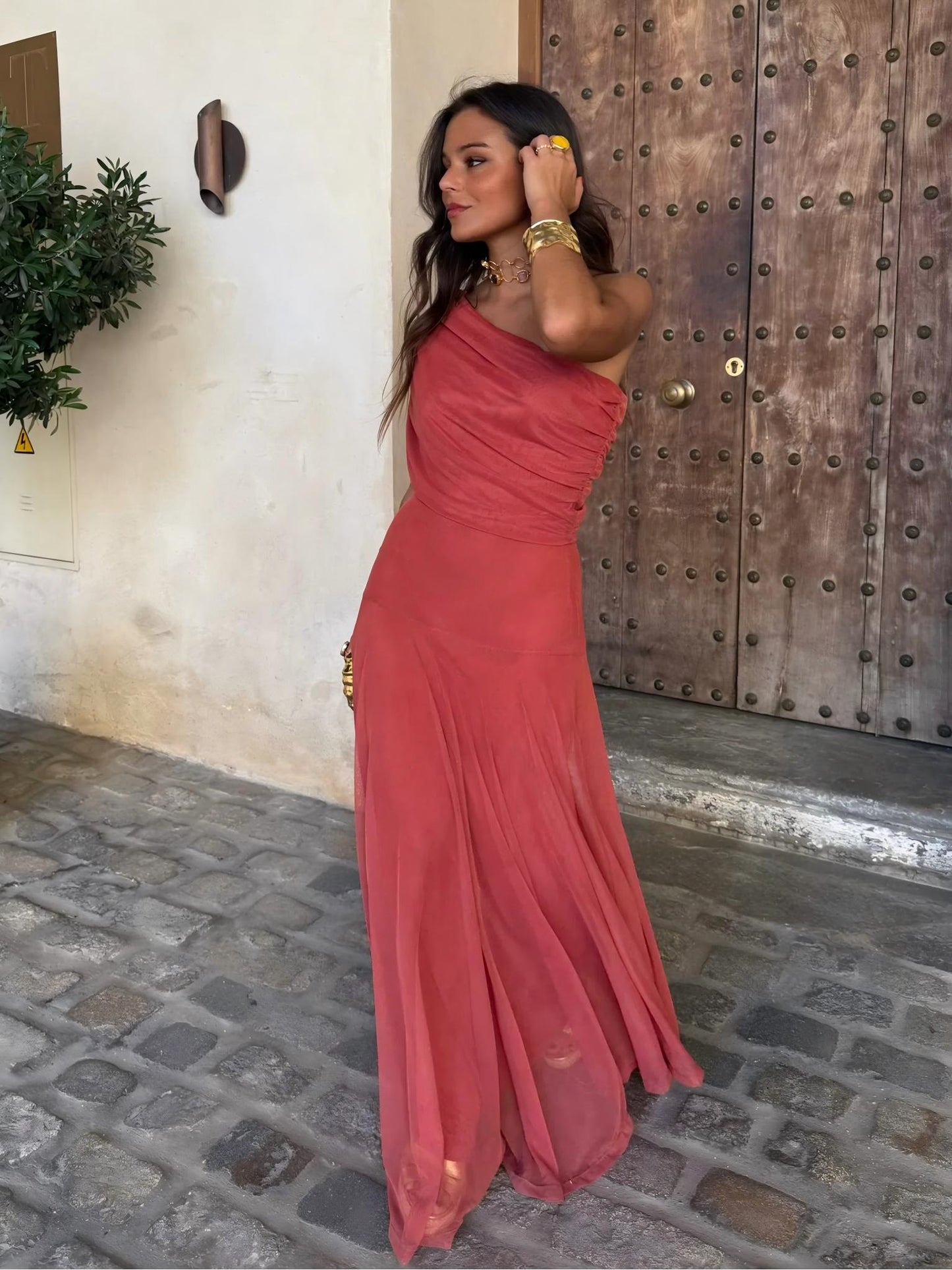 Toledo One Shoulder Mesh Maxi Dress