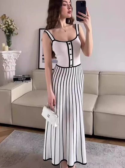 Striped Colorblock Knit Spaghetti Strap Midi Dress