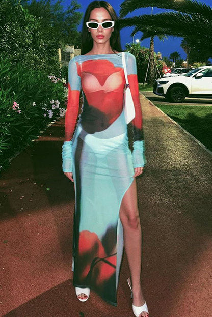 Abstract Print Sheer Maxi Dress