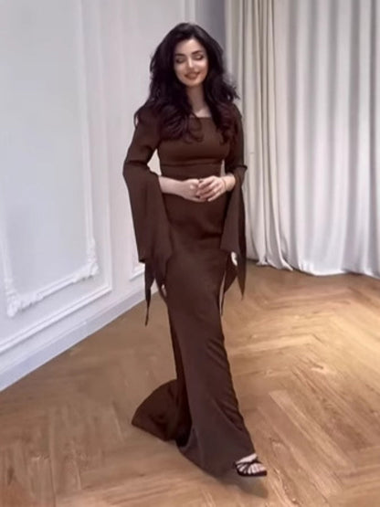 Brown Batwing Sleeve Robe  Dress
