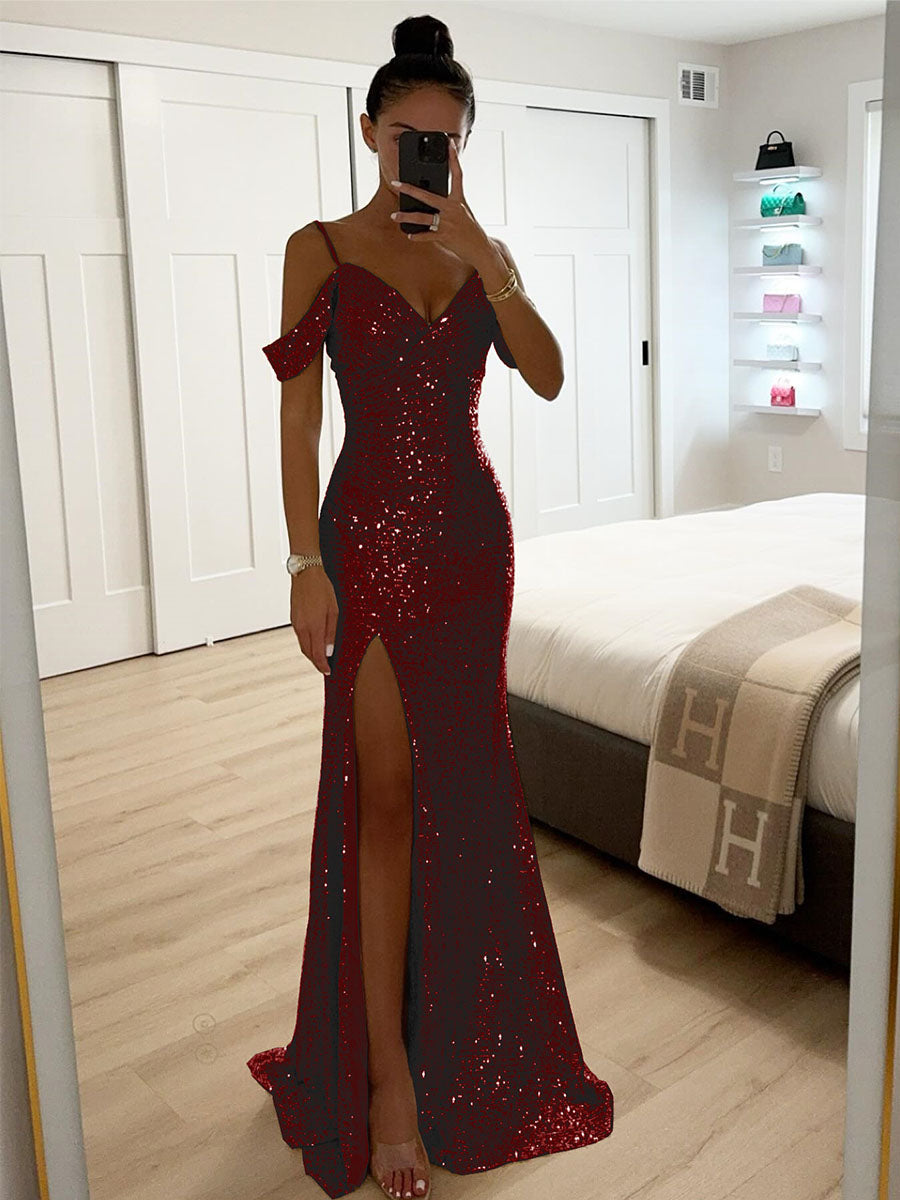 Sequin Sling Slit Evening Dress