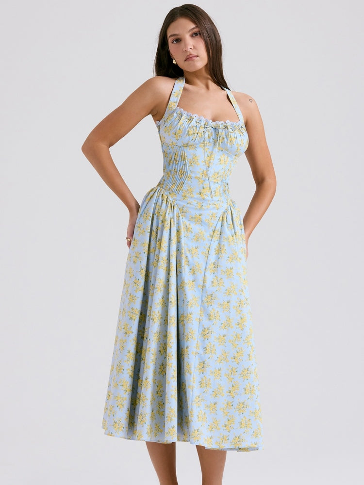 Soft Blue Vintage Floral Print Backless Tank Dress