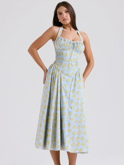 Soft Blue Vintage Floral Print Backless Tank Dress