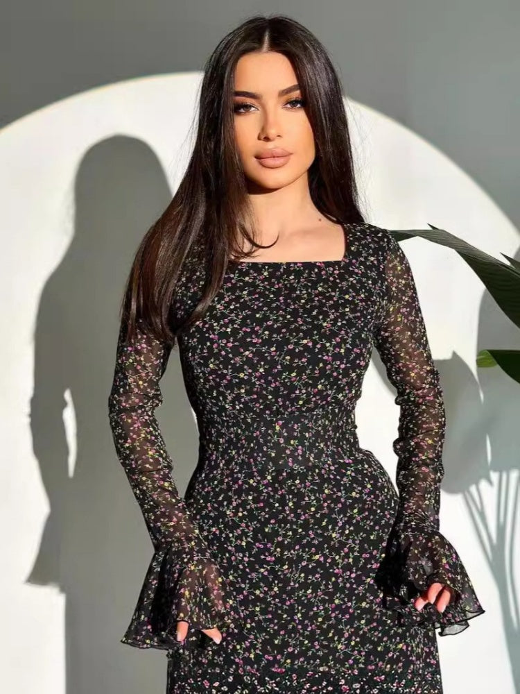 Black Floral Bell Maxi Dress