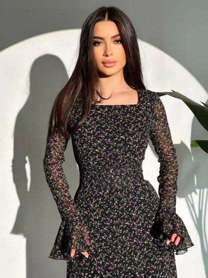 Black Floral Bell Maxi Dress