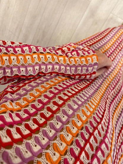 Boho V Neck Bell Sleeve Wavy Striped Crochet Beach Vacation Maxi Dress - Red