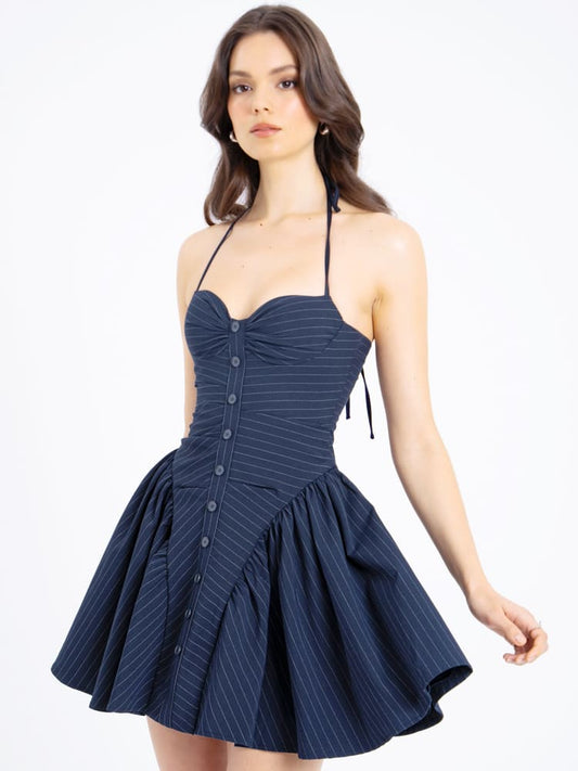 Navy Blue Pinstripe Halter Low-Waist Mini Dress