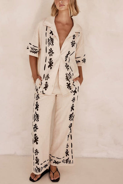 Black Printed Cream Wide Leg Pants-Set