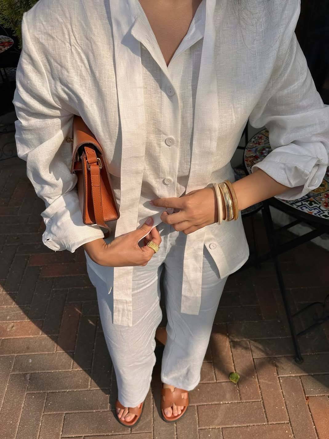 Minimalist Stand-up Collar Ribbon Back Lace-up Shirt and Wide Leg Pants Set-Shirt