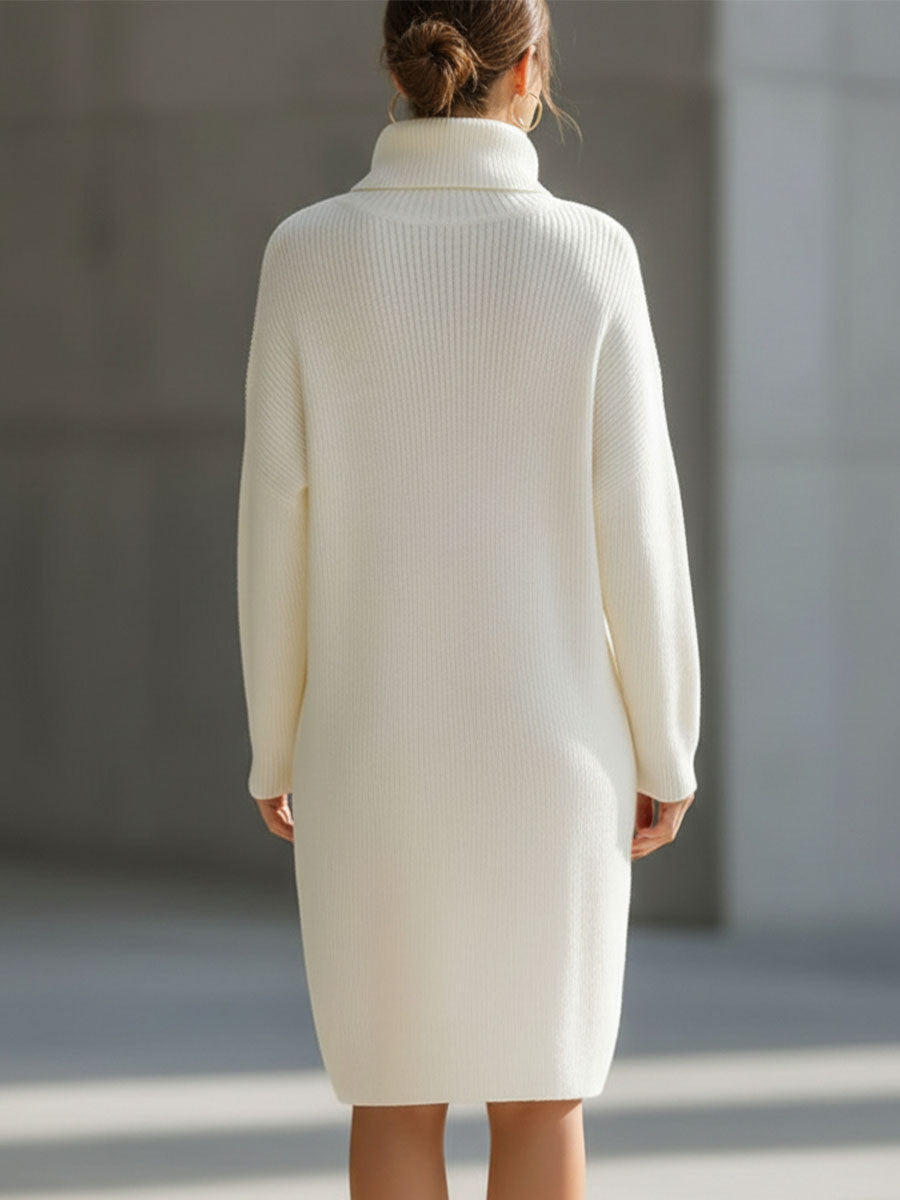 Elegant Cream Turtleneck Ribbed Knit Sweater Dress