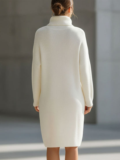 Elegant Cream Turtleneck Ribbed Knit Sweater Dress
