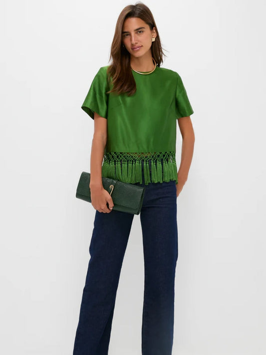 Green Satin Fringe Top