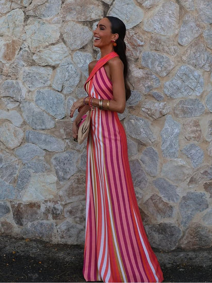 Sunset Samba Cross-Halter Stripe Dress