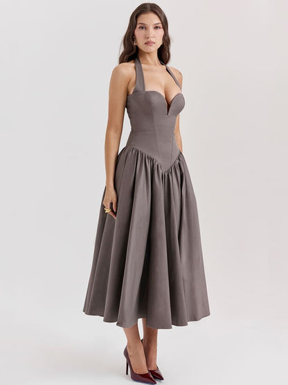 Halter Neck Midi Dress with Side Slit - Smoky Gray