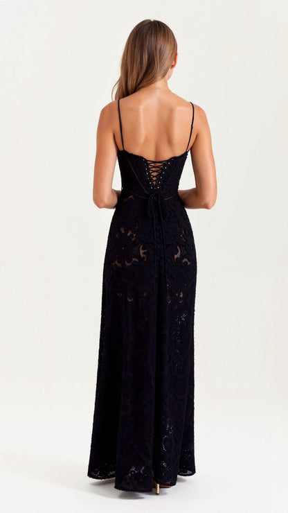 Nocturne Naya Lace Maxi Dress | Sheer Overlay | Spaghetti Straps