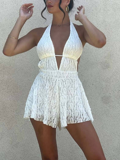 Deep V-Backless Lace Mini Jumpsuit