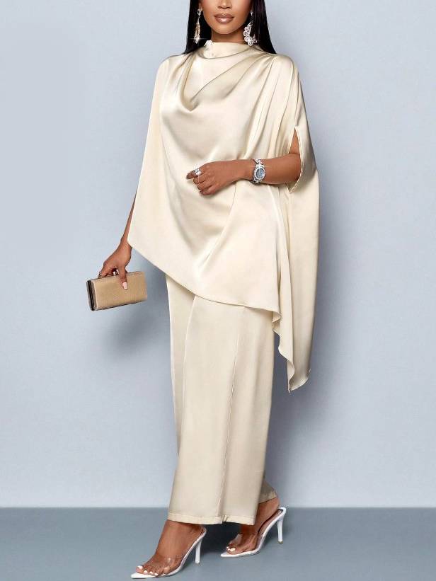 Swing Collar Irregular Hem Shirt And Wide Leg Pants Suit